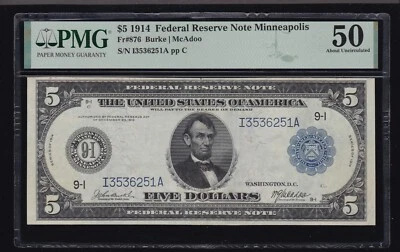 US 1914 $5 FRN Minneapolis Burke/MacAdoo FR 876 PMG 50 AU (251) - Image 1 of 2