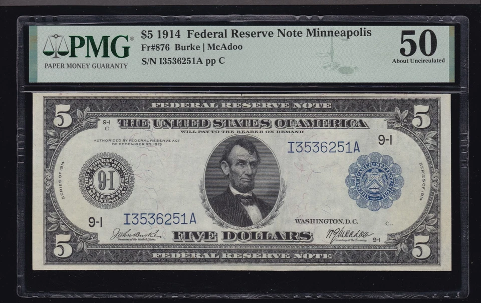 US 1914 $5 FRN Minneapolis Burke/MacAdoo FR 876 PMG 50 AU (251) - Image 1 of 2