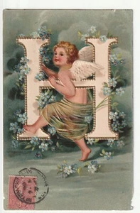 Carte FANTAISIE - Old Postcard - Enfant Angelot Alphabet Lettre H  Gaufrée Usure - Picture 1 of 1