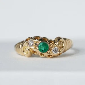 1919 Edwardian Emerald Diamond 18ct Gold Belcher Boat Ring Eternity Band N.5 / 7 - Picture 1 of 13