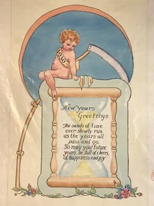 new years greetings painting watercolor 1930 original artwork cherub v2364 - Picture 1 of 9