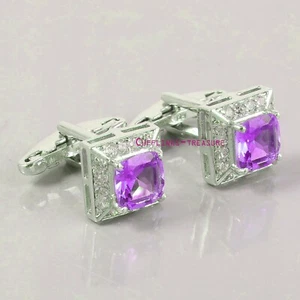Gemas de amatista natural y circonita cúbica con gemelos de plata de ley 925 para hombre #2 - Imagen 1 de 7