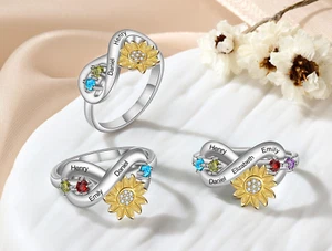 Personalized Engraved Birthstone Name Sunflower Ring For Mom 2-4 Name+Birthstone - Picture 1 of 7