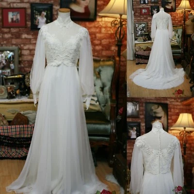 Vintage Chiffon Wedding Dresses 1950s High Neck Long Sleeves White Bridal Gowns - Image 1 of 4