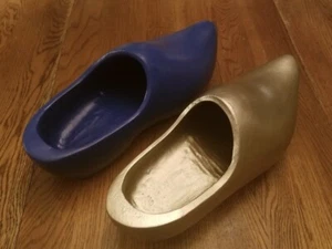 BLUE & GOLD Large Hand Carved & Painted Festival Wooden Clogs Shoes Decor ~Sz 13 - Picture 1 of 7