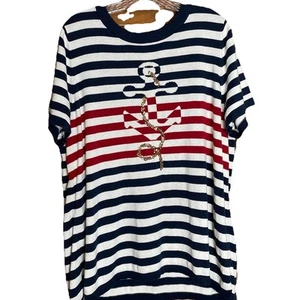 QUACKER FACTORY Red White Blue Striped Nautical Anchor Sequin Sweater Size XL - Picture 1 of 8