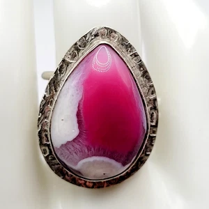 Artisan Pink Lacy Agate Teardrop Silver Tone Double Band Large Western Ring 8.25 - Picture 1 of 24