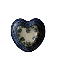 Unikat Handcrafted Heart Shaped Polish Pottery Decorative Blue/Green Floral Dish - Picture 1 of 6