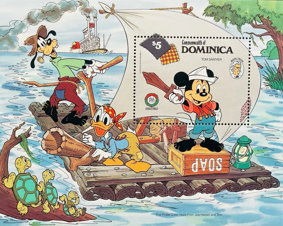 DOMINICA MARK TWAIN DISNEY STAMPS SS 1985 MNH MICKEY TOM SAWYER GOOFY TURTLES - Image 1 of 1