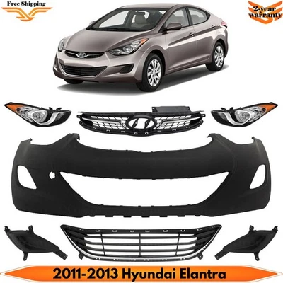 Front Bumper Cover Primed Plastic & Headlights Kit For 2011-2013 Hyundai Elantra Foto 1 de 4