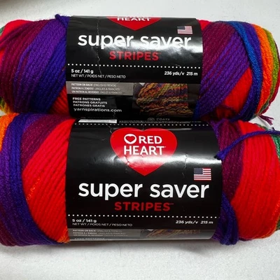 2 Red Heart Super Saver Stripes  Yarn Color Favorite Stripe Acrylic Size4 Ea5oz - Image 1 of 4
