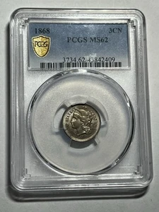 1868 3CN Three Cent Nickel PCGS MS62 Original Surfaces Nice Luster US Type Coin - Picture 1 of 4