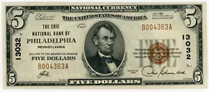 1929 Philadelphia Pennsylvania Erie $5 National Currency Bank Note Uncirculated - Picture 1 of 3
