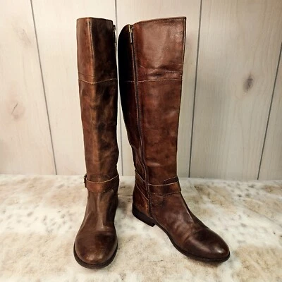 Marc Fisher Aysha 棕色皮革及膝高骑行靴 6.5 米拉链 1 英寸高跟鞋 — 第 1/4 张图片