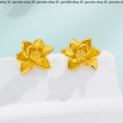 Aretes de oro amarillo puro 999 de 24 quilates con flor de loto de la suerte para mujer 1,57-1,7 g Foto 1 de 3