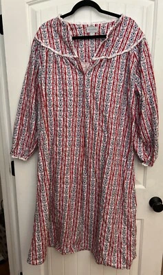 Lanz of Salzburg Blue White Red Cotton Flannel Floral Heart Lace Nightgown L - Image 1 of 4