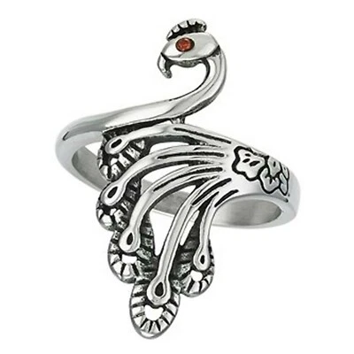 Peacock Ring Womens Silver Stainless Steel Victorian Art Deco Bird Boho Band - Image 1 of 2