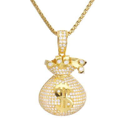 Colgante de bolsa de dinero de circonita cúbica helada enchapada en oro de 14K para hombre cadena de caja de 22 pulgadas BSH 13130 G Foto 1 de 4