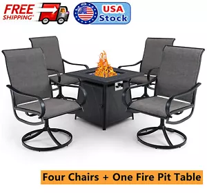5 Piece Patio Furniture Set w/ Propane Gas Fire Pit 50000BTU Swivel Dining Chair - Picture 1 of 22