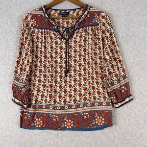 Lucky Brand Shirt Damen X-Small creme rot Blumen Quaste Bindebluse Bauer Boho - Bild 1 von 10