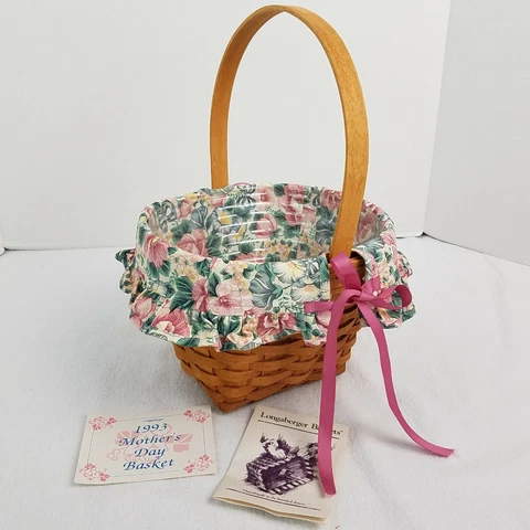 Longaberger 1993 Mother's Day Basket+Floral Liner+Protector+Orig. Cards 7th Ed Cover