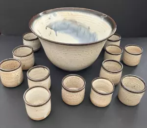 Dublin Pottery Handmade Punch Bowl Set w/ 12 Cups Rustic Blue Glaze Studio Art - Picture 1 of 13