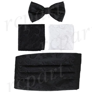 New Brand Q  Polyester Paisley Cummerbund Bowtie & 2 Hankie Set Wedding Black - Picture 1 of 5