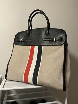 Bolso de Mano Thom Browne Steamer Cuero Negro y Lona RWB Bordado Rayas Foto 1 de 4