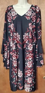 Wunderschönes MSK Kleid Gr. XL schwarz/rot/elfenbein Blumenmuster Schmetterlingsärmel Slinky - Bild 1 von 6
