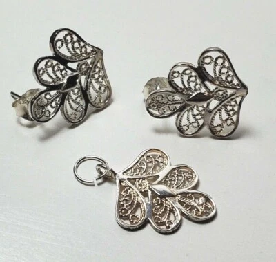 NEW Sterling Silver Leafy Filigree 925 Set Earrings and Charm Pendant 3.5g, 5/8" - Image 1 of 4