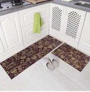 Carvapet 2-Piece Non-Slip Kitchen Mat Rubber Runner Rug 15x47” & 15x23” Brown