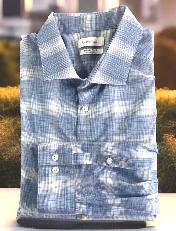 Camisa de vestir Calvin Klein para hombre talla 18 34/35 sin hierro infinito fresca elástica usada en excelente estado Foto 1 de 4