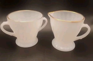 Anchor Hocking Fire King Cream And Sugar Bowl Milk Glass Swirl Gold Trim Vintage - Picture 1 of 7