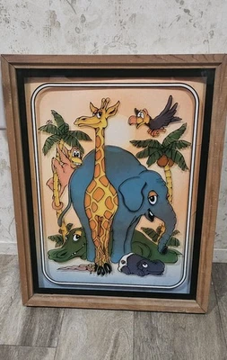Pintura al revés vintage 1980 enmarcada animales de la selva decoración de pared 17” x 13” guardería Foto 1 de 4