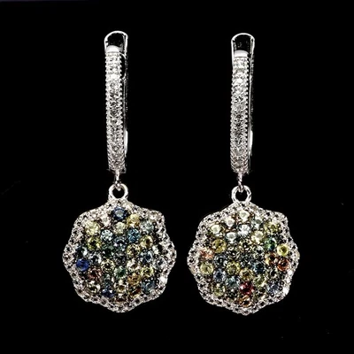 925 Sterling Silver Earrings Sapphire Round Diamond Cut Topaz Gemstone Jewelry - Image 1 of 4