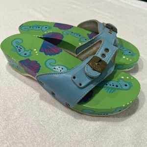 Vtg Dr. Scholl Blue Leather Wood Sole Sandal Seahorse Painted 8 - Picture 1 of 11