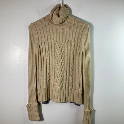 Womens Tory Burch Turtleneck Cable Knit Sweater Tan Gray S - Image 1 of 4