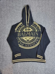 Balmain Paris Gold Crest Logo Hoodie Black Gold Side Zip Sweatshirt Men’s XL - Picture 1 of 12