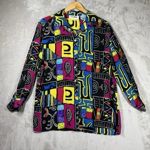 VTG Silk Galinda Shirt Womens L Colorful AOP Geometric Art Abstract 90s Hip Hop - Picture 1 of 11
