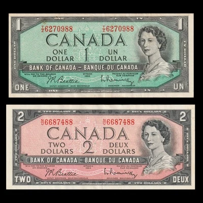 CANADA BANKNOTES $1 & $2 1954 HIGH GRADE Beattie Rasminsky  — FREE SHIPPING - Image 1 of 2