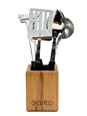 Vtg Cutco Utensil Set 5 Piece Serving Fork Slotted Spoons Ladle W/ Holder Block - Image 1 of 4