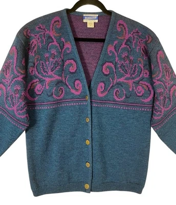 Cárdigan Pendleton Vintage 100% Lana Virgen Cuello en V Verde Púrpura Para Mujer Mediano Foto 1 de 4