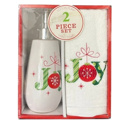 Avanti Christmas Joy Lotion Pump and Hand Towel 2 Piece Set White Red Green - Image 1 of 3