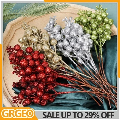 50PCS Artificial Christmas Glitter Berries Stems Xmas Tree Wreath DIY Decoration
