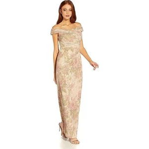 Adrianna Papell Women's Jacquard Off-the-Shoulder Evening Dress, Beige Size 6 - Picture 1 of 3