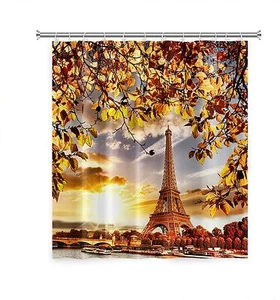 Paris Eiffel Tower Sunrise Fabric Shower Curtain, Vintage Modern, 71"x71"- NEW - Picture 1 of 12