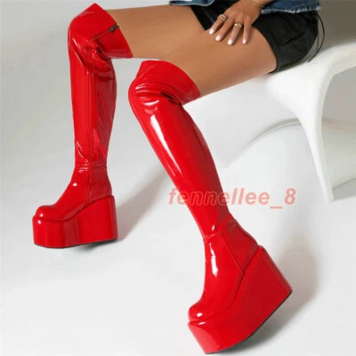 High Heel Platform Pumps Women Patent Leather Over The Knee Boots Creepers Zip - Image 1 of 4