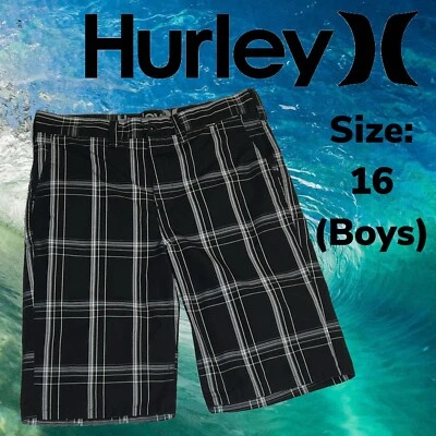 Hurley Boys Puerto Rico Walk Short Casual Black Plaid Size 16 18 20 Runs Small! - Image 1 of 4