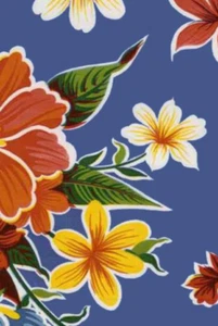 Oilcloth Fabric Tropical Hibiscus Blue Pattern Sold in Yard or Bolt - Picture 1 of 2