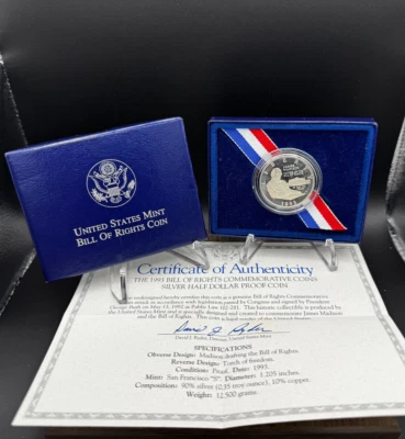 1993 S Bill of Rights Commemorative Silver Proof Half Dollar US Mint Box & COA - Image 1 of 3
